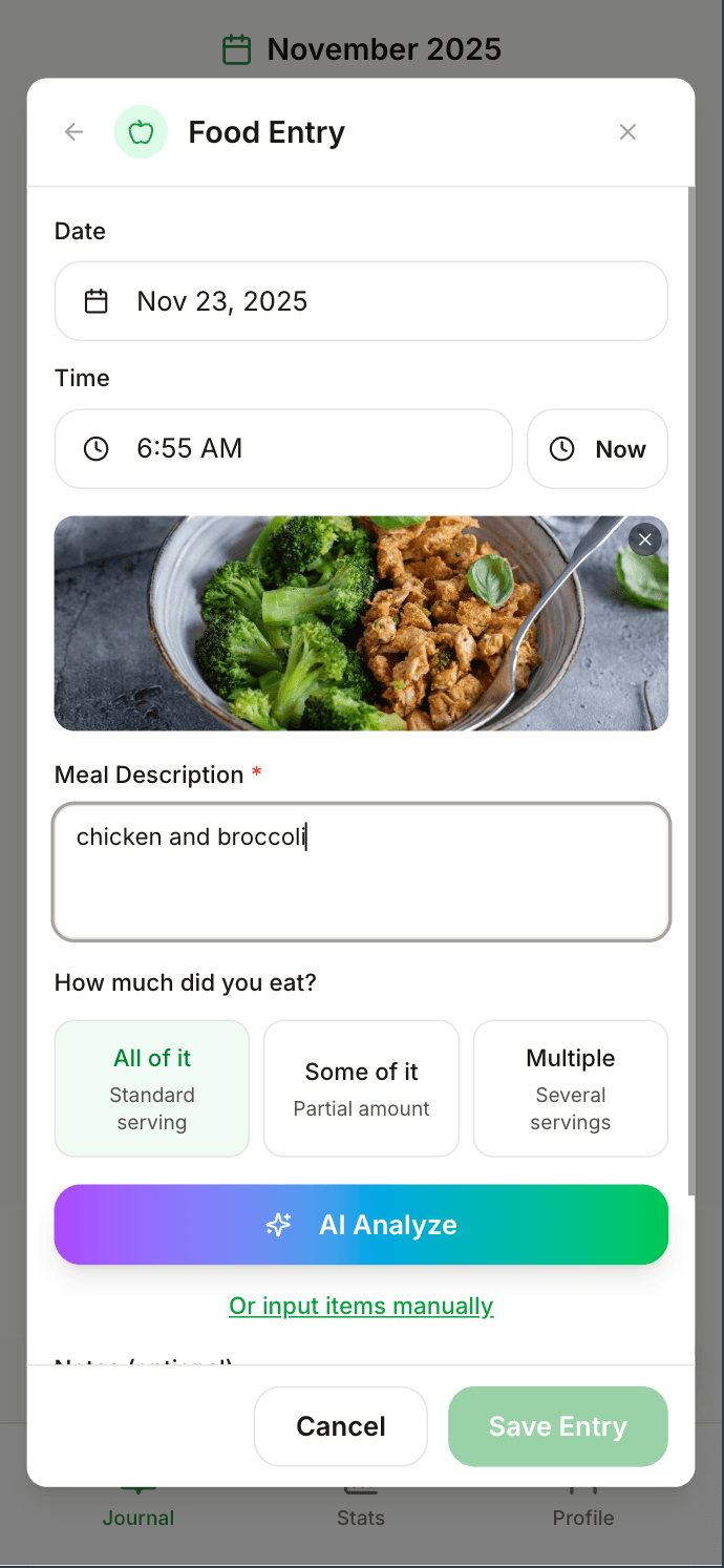 AI food analysis input - snap a photo
